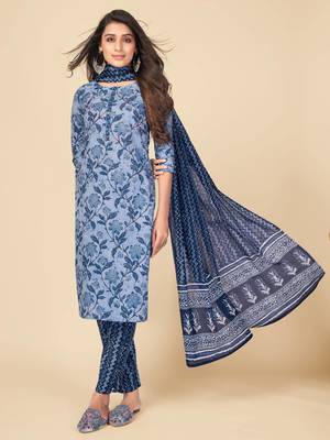 blue Cotton Printed stitched   Kurta    Pant with dupatta 1