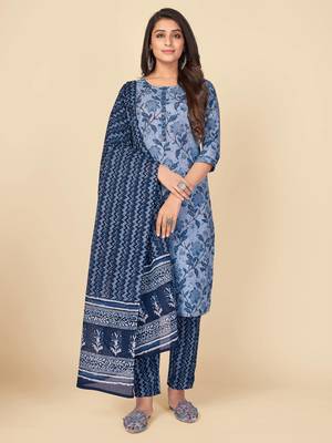 blue Cotton Printed stitched   Kurta    Pant with dupatta 2