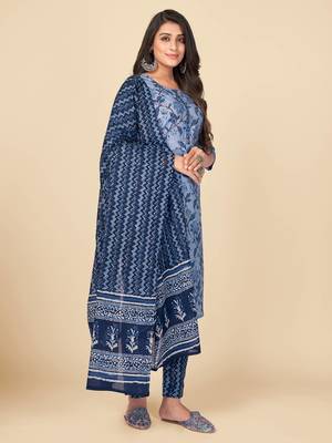 blue Cotton Printed stitched   Kurta    Pant with dupatta 4
