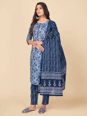 blue Cotton Printed stitched   Kurta    Pant with dupatta 5
