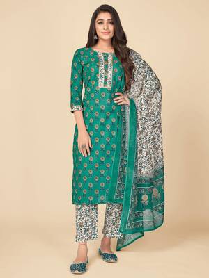 blue Cotton Printed stitched   Kurta    Pant with dupatta 1