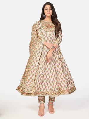 Beige Cotton Printed stitched   Kurta    Pant with dupatta 1