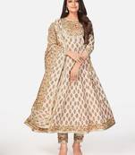 Beige Cotton Printed stitched   Kurta    Pant with dupatta