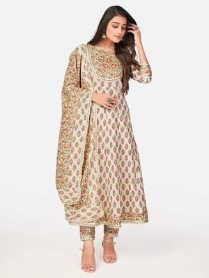 Beige Cotton Printed stitched   Kurta    Pant with dupatta 2