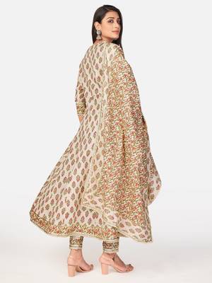 Beige Cotton Printed stitched   Kurta    Pant with dupatta 3