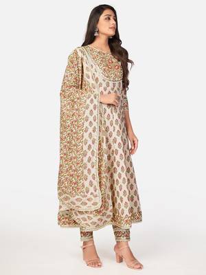 Beige Cotton Printed stitched   Kurta    Pant with dupatta 4