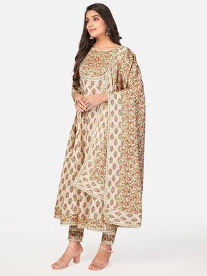 Beige Cotton Printed stitched   Kurta    Pant with dupatta 5
