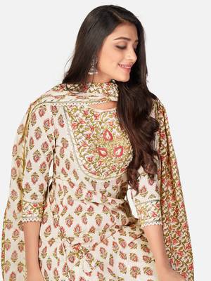 Beige Cotton Printed stitched   Kurta    Pant with dupatta 7