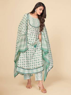 Green Cotton Printed stitched   Kurta    Pant with dupatta 2