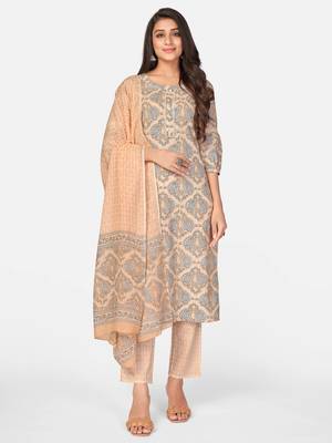 Peach Cotton Printed stitched   Kurta    Pant with dupatta 1