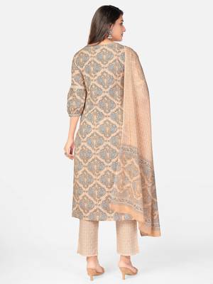 Peach Cotton Printed stitched   Kurta    Pant with dupatta 2