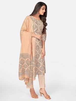 Peach Cotton Printed stitched   Kurta    Pant with dupatta 3