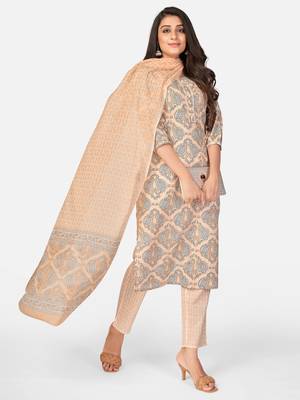 Peach Cotton Printed stitched   Kurta    Pant with dupatta 5