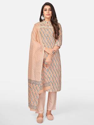 Peach Cotton Printed stitched   Kurta    Pant with dupatta 1