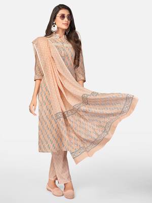Peach Cotton Printed stitched   Kurta    Pant with dupatta 2