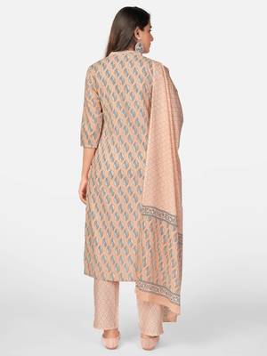 Peach Cotton Printed stitched   Kurta    Pant with dupatta 3