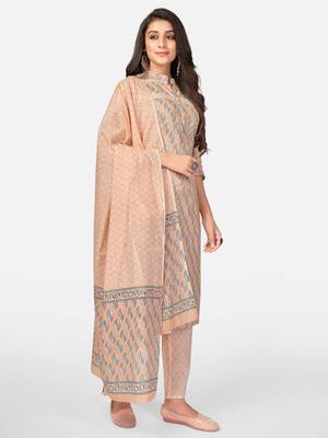 Peach Cotton Printed stitched   Kurta    Pant with dupatta 5