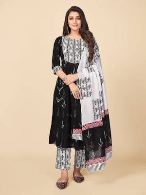Black Cotton Printed stitched   Kurta    Pant with dupatta 1