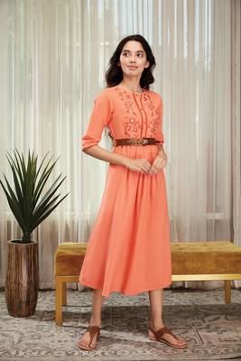 Peach embroidered cotton long dresses 1