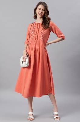 Peach embroidered cotton long dresses 2