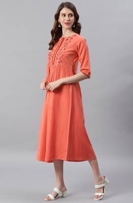 Peach embroidered cotton long dresses 3