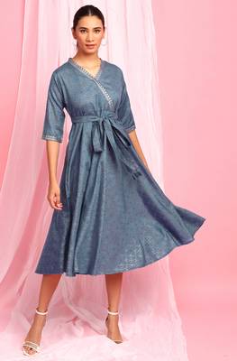 Blue printed cotton long dresses 1