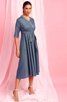 Blue printed cotton long dresses 3