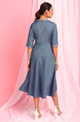 Blue printed cotton long dresses 4