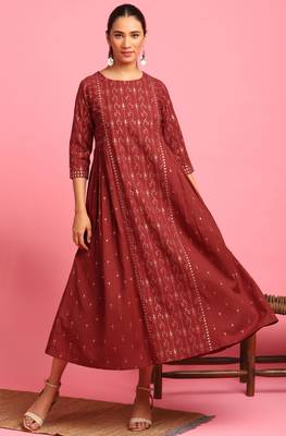 Maroon printed cotton long dresses 1