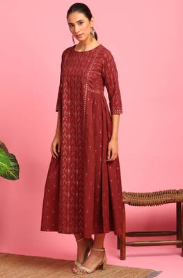 Maroon printed cotton long dresses 2