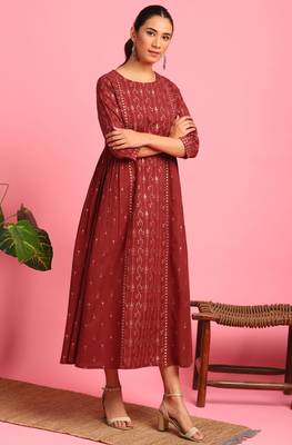 Maroon printed cotton long dresses 3