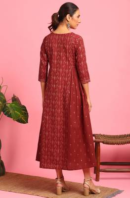 Maroon printed cotton long dresses 4
