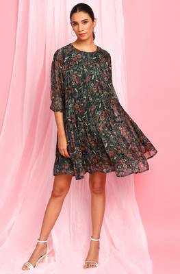 Green printed georgette short dresses 1