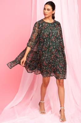 Green printed georgette short dresses 2