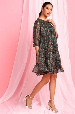 Green printed georgette short dresses 3