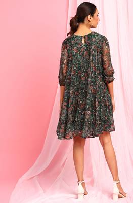 Green printed georgette short dresses 4