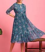 Blue printed georgette long dresses