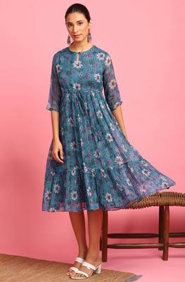 Blue printed georgette long dresses 2