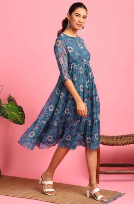 Blue printed georgette long dresses 3