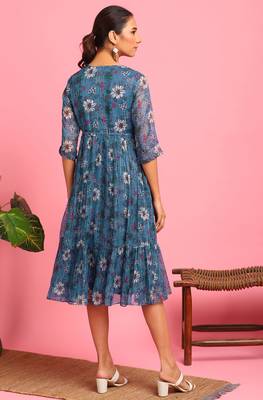 Blue printed georgette long dresses 4