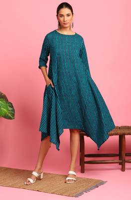 Janasya Blue printed cotton long dresses 1