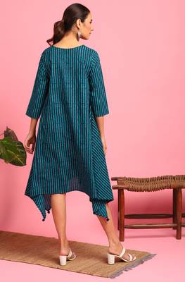 Janasya Blue printed cotton long dresses 4