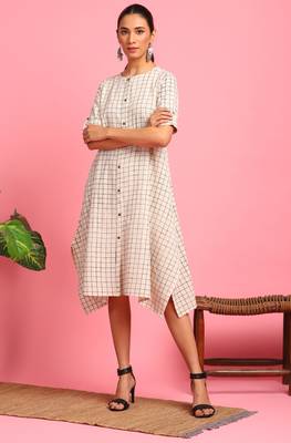 Janasya Cream woven cotton long dresses 1