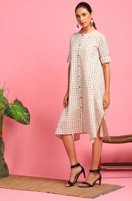 Janasya Cream woven cotton long dresses 2
