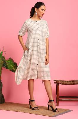 Janasya Cream woven cotton long dresses 3