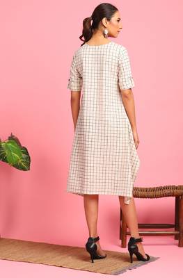 Janasya Cream woven cotton long dresses 4