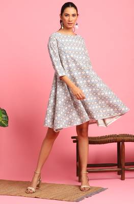 Cream printed cotton short dresses 1