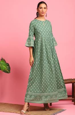 Green printed cotton long dresses 1