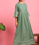 Green printed cotton long dresses