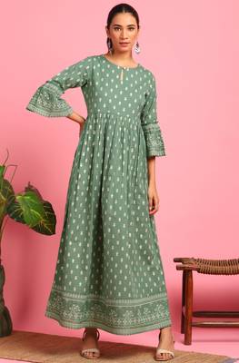 Green printed cotton long dresses 2